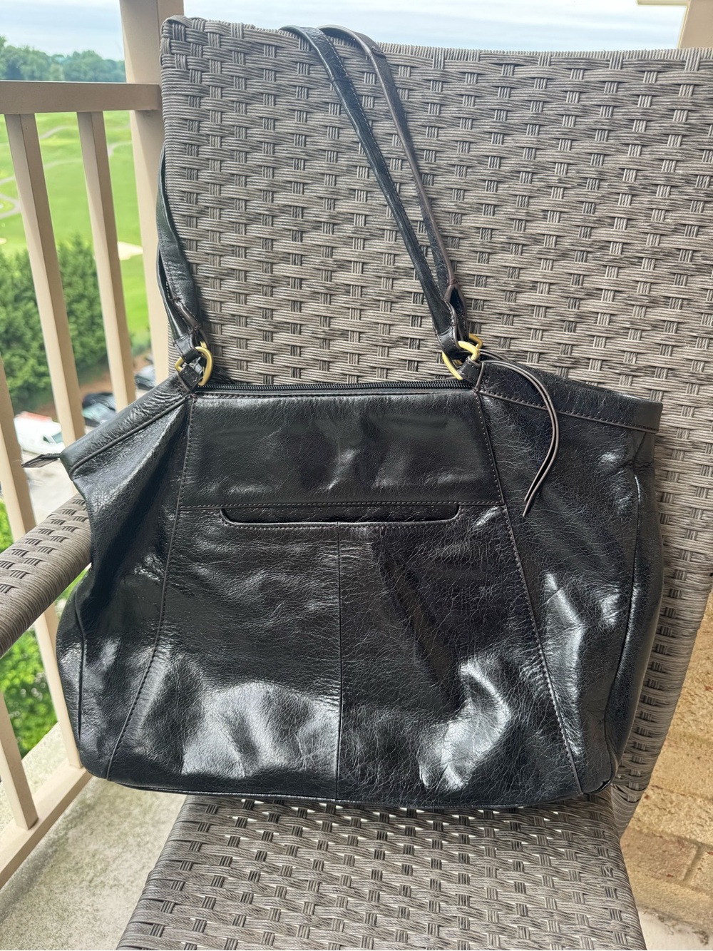 HOBO Black Leather Shoulder Tote Bag Large Multi Pocket Purse Brass Hardware